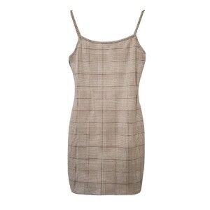 Papermoon Plaid Mini Dress Size L Sleeveless Beige Tan